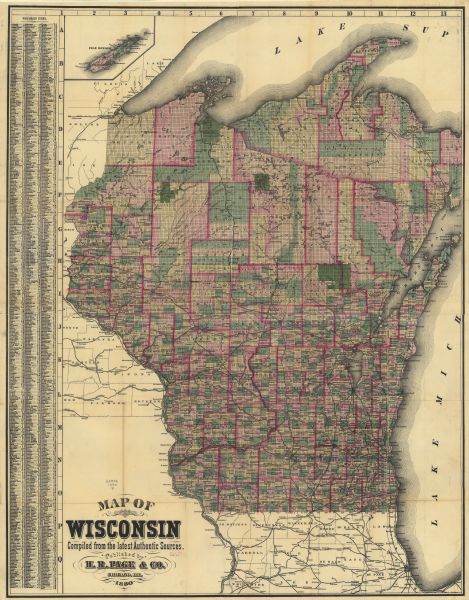 A hand-colored, sectional map of Wisconsin showing the township grid, railroads, counties, towns, cities, villages, and the Menomonee, Oneida, Flambeau, and Bad River Reservations.  An index of Wisconsin cities and villages and an inset of Isle Royale are included.  The map also displays the western portion of Michigan’s Upper Peninsula and northern Illinois.