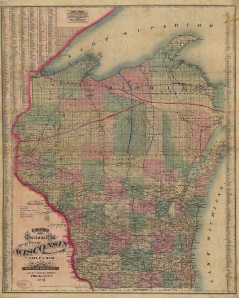 A hand-colored, cloth mounted, sectional map of Wisconsin showing the township grid, completed and proposed railroads, counties, towns, cities, villages. The Horicon Marsh is labeled the Horicon Swamp. An index of Wisconsin cities and villages and an inset of Isle Royale are included. Surrounding the map on the right and left sides are the lists of populations by both counties and cities. The map also displays the western portion of Michigan’s Upper Peninsula.