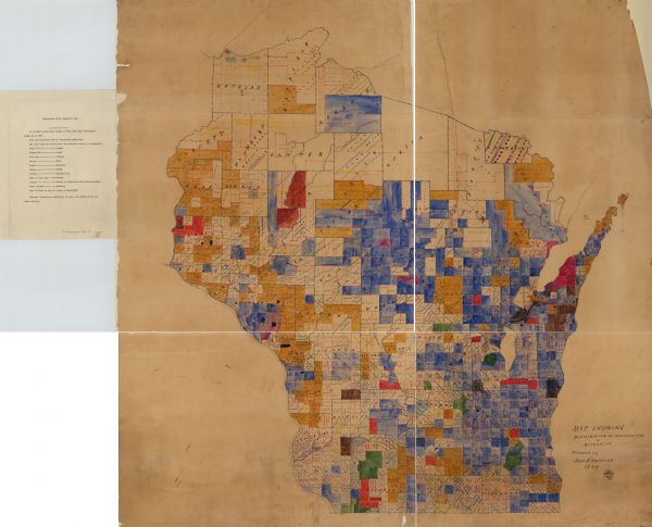 A hand-colored map of Wisconsin showing distribution ethnic groups based on the 1885 state census. The various nationalities are color-coded and include: Italians, Welsh, Dutch, Belgian, Polish, Bohemian, German, Irish, American, French, and Scandinavian. The map also includes a key explaining the color-coding and symbols used in the map and the locations of the reservations in the state.