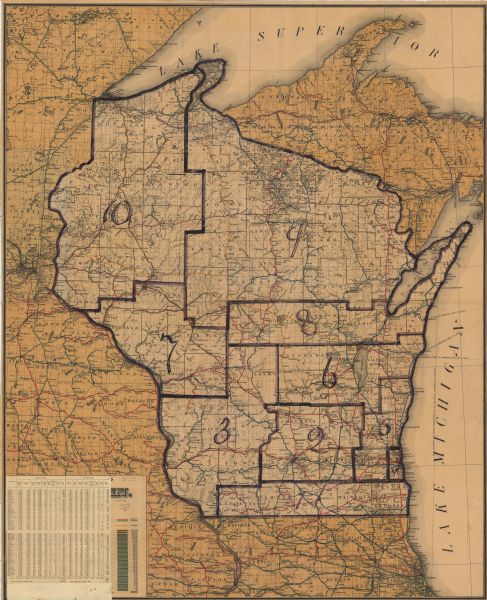A hand-colored, cloth mounted map of Wisconsin showing the state’s congressional districts. The map also shows the counties, cities, towns, villages, rivers, and lakes. In addition, the map displays the railroads in Wisconsin, eastern Minnesota, northern Illinois, and Michigan’s Upper Peninsula. The map includes a table showing the votes cast by county of the 1896 presidential election and the 1898 gubernatorial election.