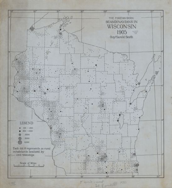 A map of showing the population density of foreign-born Scandinavians in Wisconsin based information from the 1905 census. The map also shows the county boundaries throughout the state.