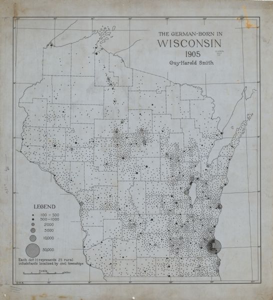 A map indicating the population density of German-born people in Wisconsin based on the 1905 census. The map shows the county boundaries throughout the state.