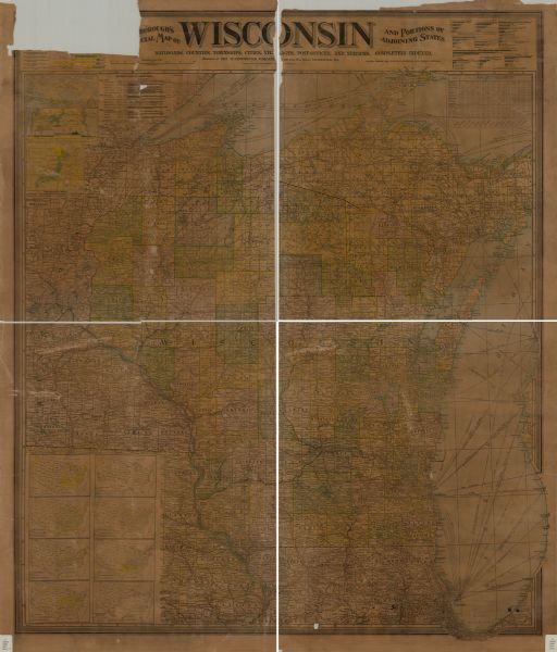 A hand-colored commercial map of Wisconsin and portions of eastern Minnesota, Iowa, northern Illinois, and the Michigan’s Upper Peninsula. The map shows railroads, cities, villages, rivers, and lakes, as well as the commercial routes on lakes Michigan and Superior. The map includes a number of inset maps of the Republic of Panama, Panama Canal and maps of the US showing locations of forested areas, areas growing grain, wheat, and corn, and other commercial interests. The map also shows tables and graphs displaying the distances between cities in Wisconsin and the values of industries in Wisconsin.