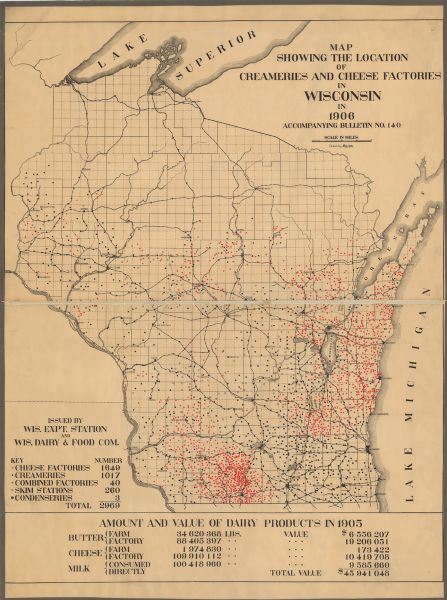 A commercial map of Wisconsin showing the location of creameries and cheese factories in the state. In the lower portion of the map provides the number of cheese factories, creameries, skim stations, condenseries and the value of dairy products in the state in 1905.