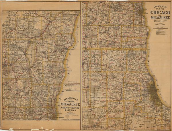 The first map shows the area from Milwaukee north to Green Bay and west to Columbus; the second map displays the area between Chicago and Milwaukee and west to Janesville and Rockford both maps show railroads and the different road types, such as “main routes,” “good roads,” and “common roads.”
