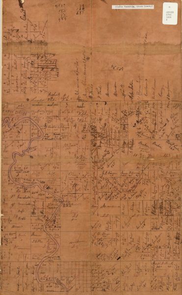 Hand-drawn map of the town of Cadiz, Wisconsin near the Illinois border showing plots of landownership. The map also includes one landmark of the Pecatonica River.