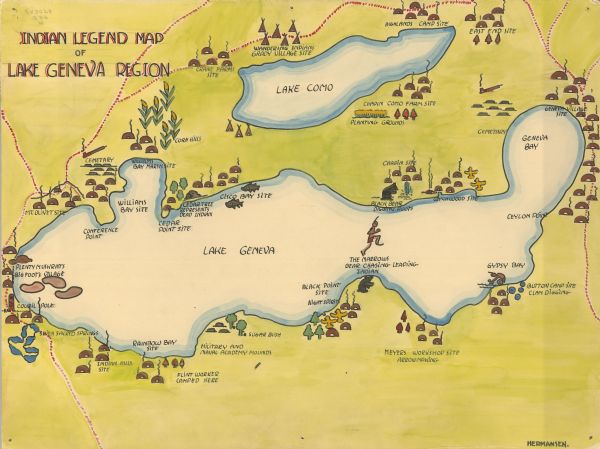 A color, pictorial map that shows sites related to Native American villages, sites, cemeteries in the area around the lakes Geneva and Como in Walworth County, Wisconsin.