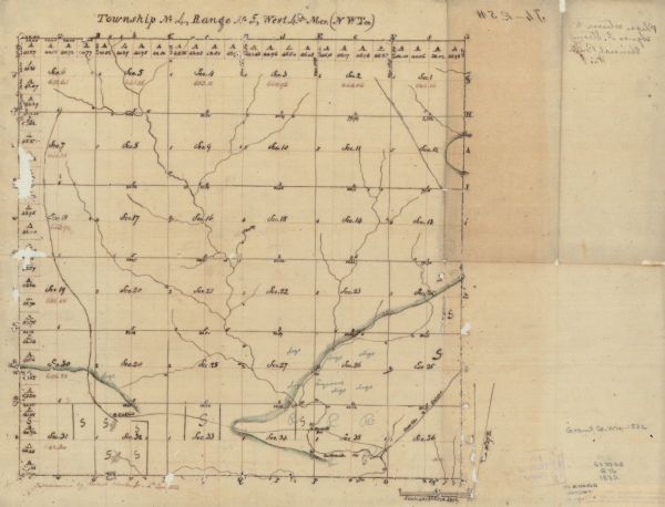 A hand-drawn map showing the survey of Township number 4, Range number 5, West Fourth Principal Meridian, which is parts of the present day towns of Glen Haven and Bloomington in Grant County, Wisconsin.
