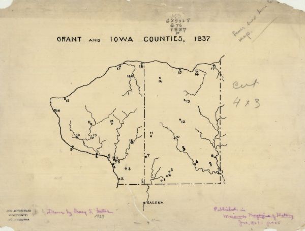 A hand-drawn map outlining the counties of Grant and Iowa counties as they would have appeared in 1837.