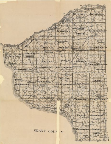 A map of Grant County, Wisconsin showing the locations of townships, towns, cities, villages, roads, railroads, schools, cemeteries, churches, rivers, and a state park.