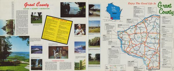 A tourist map of Grant County that displays the various activities and attractions found in the cities throughout the county, such as boat landings, fishing locations, state and roadside parks, campsites, museums, and golf courses. On the opposite side of the map, shows text and color illustrations on the history and features in the area.