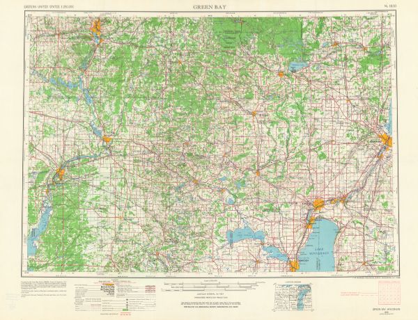 A topographic map of east central Wisconsin, that covers an area stretching from Green Bay on the east to Edgar and Vesper on the west, Wausau on the north to Oshkosh on the south. Highways and roads, cities and villages, woodland, rivers and streams, airports, churches, and schools are all indicated. Approximate scale of the map is: 1:250,000.