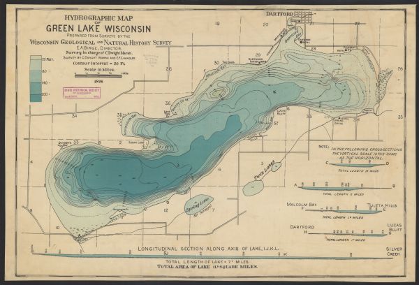 A hydrographic map of Green Lake, Geneva, Wisconsin, and includes 5 cross sections of the depths at various points as well as along a line running the length of the lake from Silver Creek on the east to the western end of the lake. Roads, hotels, and drainage are shown. Relief shown by hypsometric tints, bathymetric isolines and soundings. Contour interval is 20 feet.