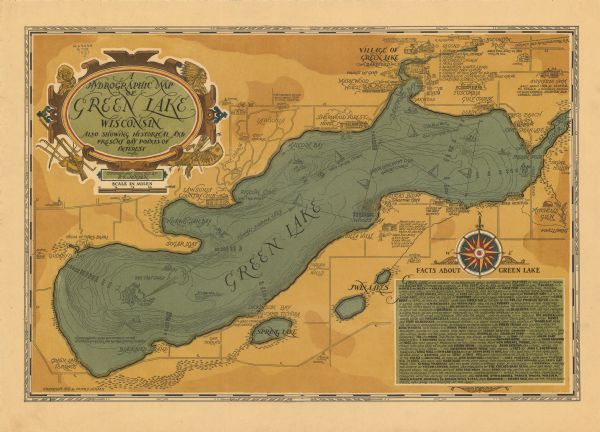 A pictorial, hydrographic map shows sailing courses, historical and contemporary coastal attractions, roads, and the contour depths of Green Lake, Wisconsin. Relief shown by pictorial drawings, isolines, and soundings. Text provides descriptive and historical information on the lake and surrounding area. "Hydrographic data by courtesy of the Wisconsin Geological and Natural History Survey." Includes ill. (some indexed) and "Facts about Green Lake" text.