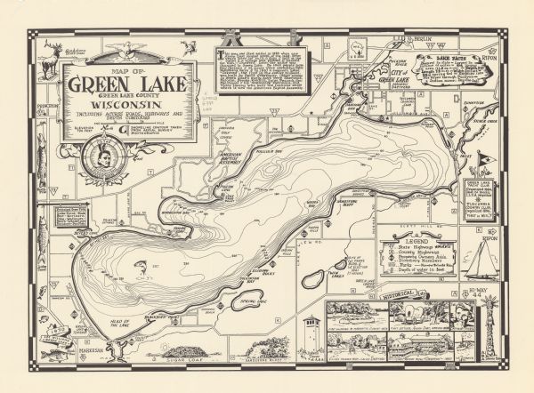 A pictorial map shows roads, parks, points of interest, keys to the property owners' association directory, and the contour depths of Green Lake, Wisconsin. Illustrations and text provide descriptive and historical information on the lake and surrounding area.