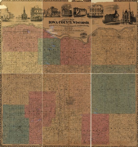 A map of Iowa County, Wisconsin mounted on cloth that shows the villages of Avoca, Mifflin, Linden, Arena, Helena Station, Highland, Dodgeville, as well as the area’s roads, railroads and projected railroads, churches, mills, schools, hotels, cemeteries, rural houses, and land ownership. Above the map includes illustrations of buildings in Dodgeville and Mineral Point.