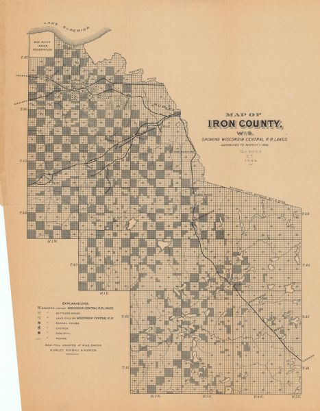 A map of Iron County, Wisconsin, shows vacant Wisconsin Central Rail Road lands, settlers houses, land sold by Wisconsin Central R.R., schools, churches, saw mills, roads, township sections, villages and rail stations, and the Bad River Indian Reservation.