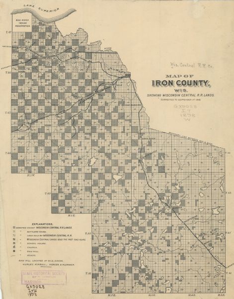 A map of Iron County, Wisconsin, shows vacant Wisconsin Central Rail Road lands, settlers houses, land sold by Wisconsin Central R.R., schools, churches, saw mills, roads, township sections, villages and rail stations, and the Bad River Indian Reservation. Approximate scale of the map is: 1:190,080.