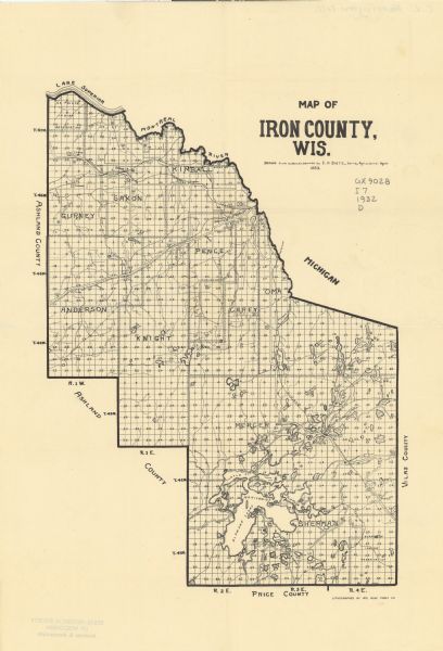 A map of Iron County, Wisconsin, shows towns and sections, lakes and streams, villages, railroads, roads, and La Point and Lac Du Flambeau Indian reservations.
