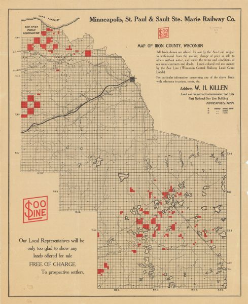 A map that shows the Wisconsin Central Railway land grant lands for sale by the Soo Line, the Chicago, Milwaukee, and St. Paul Railway.  Town sections, lakes and streams, villages and rail stations, railroads, roads, schools, churches, farms, and the Bad River Indian Reservation are identified.  Some of the towns shown on the map include Hurley, Upson, Moore, and Mercer.