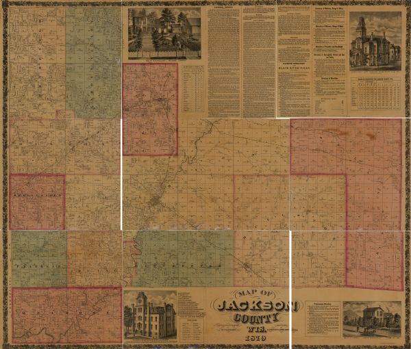 A map of Jackson County, Wisconsin, shows the township and section survey, landownership, towns, villages, buildings, roads, railroads, county land, and state land. It includes business directories, a post office directory, a table of distances, text and statistics describing Jackson County, and illustrations of local buildings.