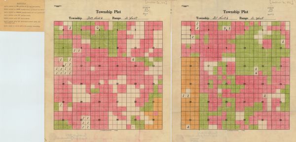 Two hand-colored maps of the area comprising the town of Millston (Plats of Townships 20 and 21 north, range 2 west), Jackson County, Wisconsin, showing 40 acre tracts in the Central Wisconsin Conservation Area, colored to indicate lands that are government purchased, county owned and purchased by government, county owned and not purchased, Indian owned, state owned, owned under Old Homestead Act, and privately owned. Most of this area is now part of the Black River State Forest.