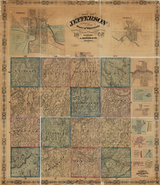 This map shows townships, landownership, roads, railroads, and swampland in Jefferson County. There is an inset maps showing the towns of: Watertown, Jefferson, Fort Atkinson, Cold Spring, Lake Mills, Palmyra, Krogleville, Hebron, Bussville, Hubbelville, Sullivan, Waterloo, and Rome.
