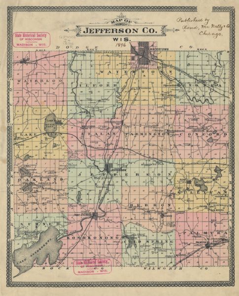 A hand-colored Map of Jefferson County, Wisconsin, shows township and section divisions, towns, villages and post offices, rural residents, railroads, roads, lakes and streams, schools, churches, cemeteries, and cheese factories.