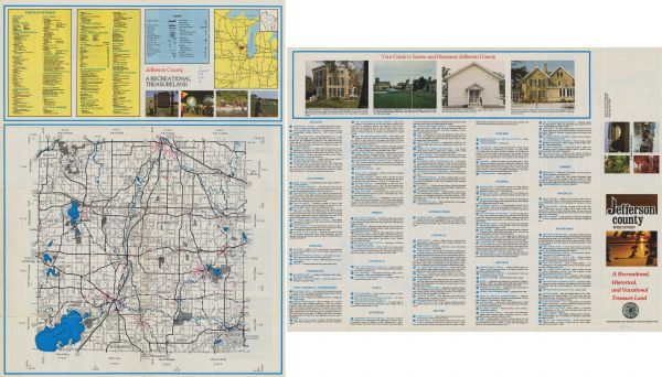 A brochure and map of Jefferson County, Wisconsin, which includes color illustrations, a highway map of the county, a location map, and descriptions of points of interest.  The township and section system, cities and villages, lakes and streams, roads, and railroads are identified on the map.
