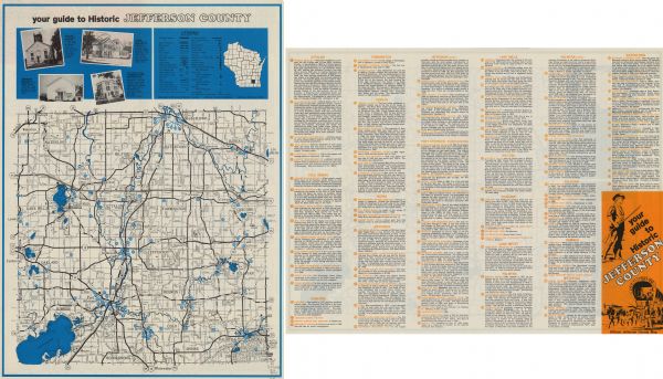 A brochure and map of Jefferson County, Wisconsin, that includes illustrations and a location map. Descriptions of points of interest are printed on the opposite side. Cities and villages, lakes and streams, roads, railroads, and points of interest are identified on the map.