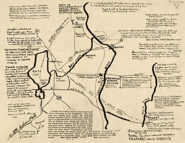This hand-drawn map shows the highways and features in the Rock Lake-Lake Mills area in the towns of Aztalan and Lake Mills, Jefferson County, Wisconsin. Text provides information about local wildlife, landmarks, pioneers, and history.