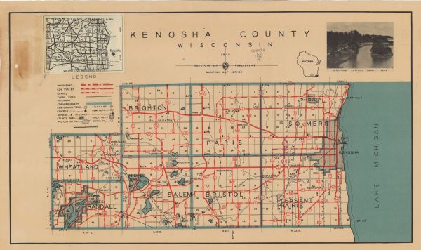 A map showing the roads, railroads, towns, cities and villages, streams and lakes, airports, schools, churches, cemeteries, and golf courses in Kenosha County. A location map and photograph of Petrifying Springs County Park are included, as is an inset map of southeastern Wisconsin titled Vicinity of Kenosha County.