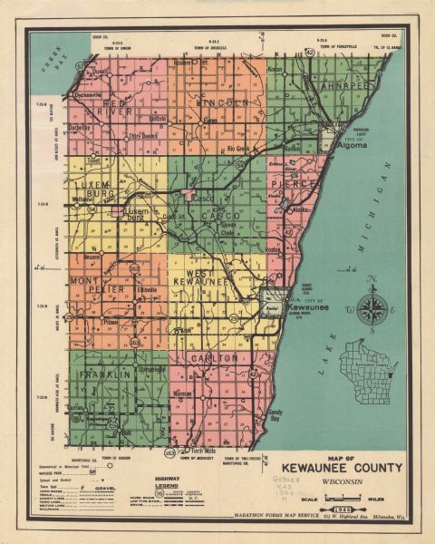 Map of Kewaunee County, Wisconsin, shows towns, cities and villages, roads and highways, railroads, schools, lighthouses, place names, town divisions, commercial and municipal fields. A location map is included. Approximate scale of the map is: 1:126,720.
