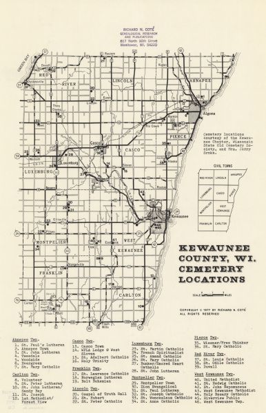 A map of Kewaunee County, Wisconsin that identifies the locations of 46 cemeteries in the county. The cemeteries are listed by town.