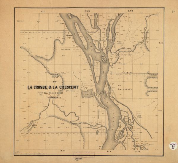 A map of La Crosse, Wisconsin and La Crescent, Minnesota, showing sectional divisions along the shore and islands of the Mississippi River. The areas also shown in the map include Rome, Minnesota.