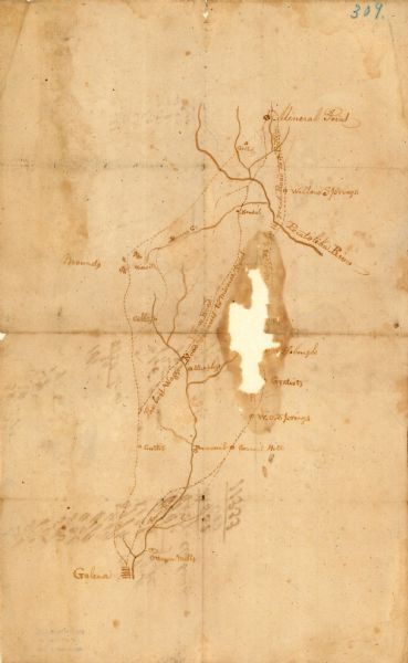 An ink on paper, hand-drawn map, showing the wagons roads that travel through Lafayette County, traveling between Galena, Illinois, and Mineral Point, Wisconsin. The map also shows the Fever, or Galena River, and Pecatonica River.
