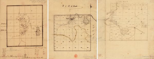 A series of ink, watercolor, and pencil on paper, hand-drawn maps of the townships of Darlington and Gratiot in Lafayette County, Wisconsin, showing the township plats and land purchases near the Pecatonica River.