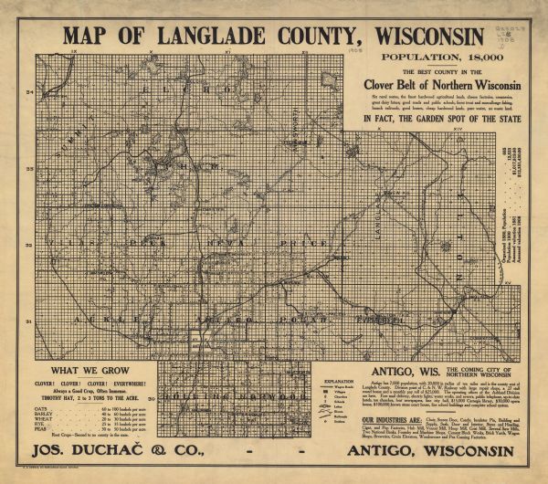 A map of Langlade County, Wisconsin that shows the townships and ranges, towns, cities and villages, wagon roads, churches, schools, lakes, rivers, railroads, and the locations of settlers. Agricultural statistics, population, assessed values, and a list of area industries are included.