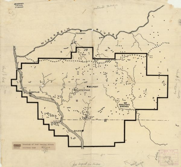 An ink on tracing paper, hand-drawn map that shows lead mines, the boundary of the lead bearing strata, and the military road in Lafayette, Grant, Iowa, and Green counties, Wisconsin, and extending to Dubuque, Iowa, and Galena, Illinois. The map also shows the location of the Wisconsin and Mississippi rivers.