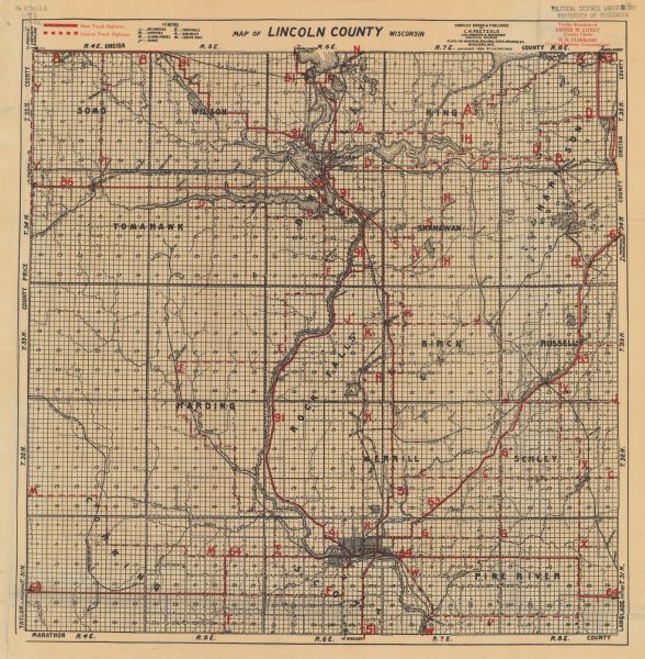 A map of Lincoln County, Wisconsin that shows the township and range grid, towns, cities and villages, lakes and streams, residences, churches, school houses, town halls, saw mills, cheese factories, railroads, state trunk highways, county trunk highways, and roads.