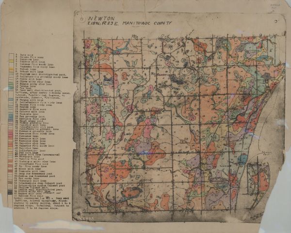 These 24 plat maps of the Town of Newton, Manitowoc County, Wisconsin, show soil type; mortgages in force as of January 1, 1932; land warrants holders; mortgages satisfied "1925 to date"; landowners in the northern part of the township by year (1837, 1845-1859); and landowners in entire township, 1855. The majority of these manuscript maps are drawn on a base map titled "Township of Newton, Manitowoc County, Wisconsin (Township 18 north, Range 23 east of the 4th principal meridian)."