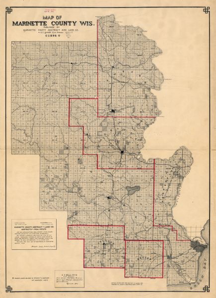 A  map of Marinette County, Wisconsin that shows the sectioning of townships and other plots, towns, cities and villages, lakes and streams, railroads, and lands belonging "to Pfister and Mariner, Wm. Mariner, mgr."