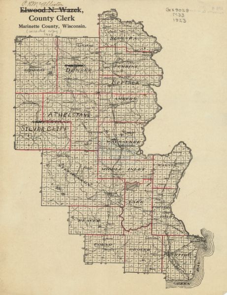 A hand-colored map of Marinette County, Wisconsin that shows, townships, towns and plot sections, lakes and streams, cities and villages, and rail lines and includes annotations made by P.H. McAllister, the county clerk,  making corrections to the map.