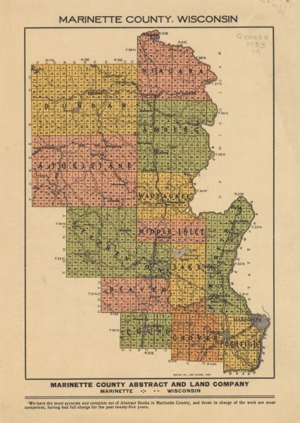 A map of Marinette County, Wisconsin shows the township and range system, sections, towns, cities and villages, streams and lakes, railroads, roads, schools, and churches. On the edge of the county lines, the map states what the neighboring counties are.