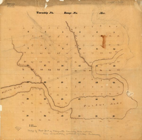 This manuscript map shows the township and range system and lakes and streams in the vicinity of the Fox River, Puckaway Lake, and Buffalo Lake in the towns of Marquette and Princeton in Green Lake County and the towns of Mecan, Montello, and Shields in Marquette County, Wisconsin.