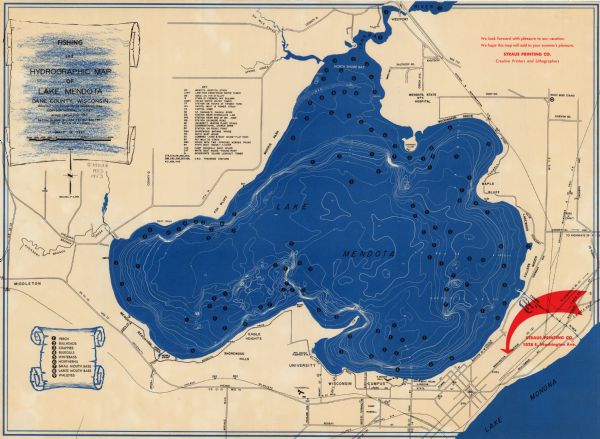 A map of Lake Mendota that shows depths and the locations of various species of fish in lake. The maps also identifies a number of selected roads and streets, railroads, public buildings, and landmarks, such as the state capital, that are adjacent to the lake. Aside from these items, the map also shows the location of the city of Middleton.  The contour lines of the are at intervals of 5 feet.