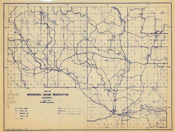 A map of the Menominee Indian Reservation that shows the highways, different types of roads, rivers and streams in the area.