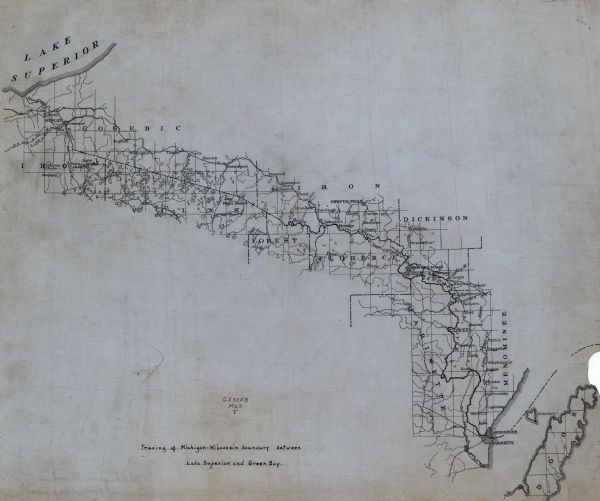 An ink, watercolor, and pencil on paper, hand-drawn map that shows the Michigan-Wisconsin boundary in Iron, Vilas, Forest, Florence, and Marinette counties, Wisconsin, and Gogebic, Iron, Dickinson, and Menominee counties, Michigan. The map also shows the location of the areas rivers and lakes, cities and villages, and railroads in the region.