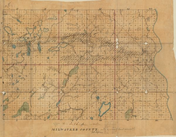 An ink, watercolor, and pencil on tracing paper, hand-drawn map of Milwaukee County, Wisconsin that shows the town and range system, sections, lakes and streams, and identifies the landowners in the area.