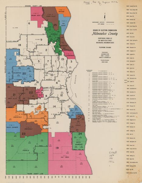 These maps show the Milwaukee County supervisory districts as of April 1972 and the Supervisor and Assembly districts in effect prior to the April 1972 election. A detailed street and ward map is provided for each of the 25 districts.